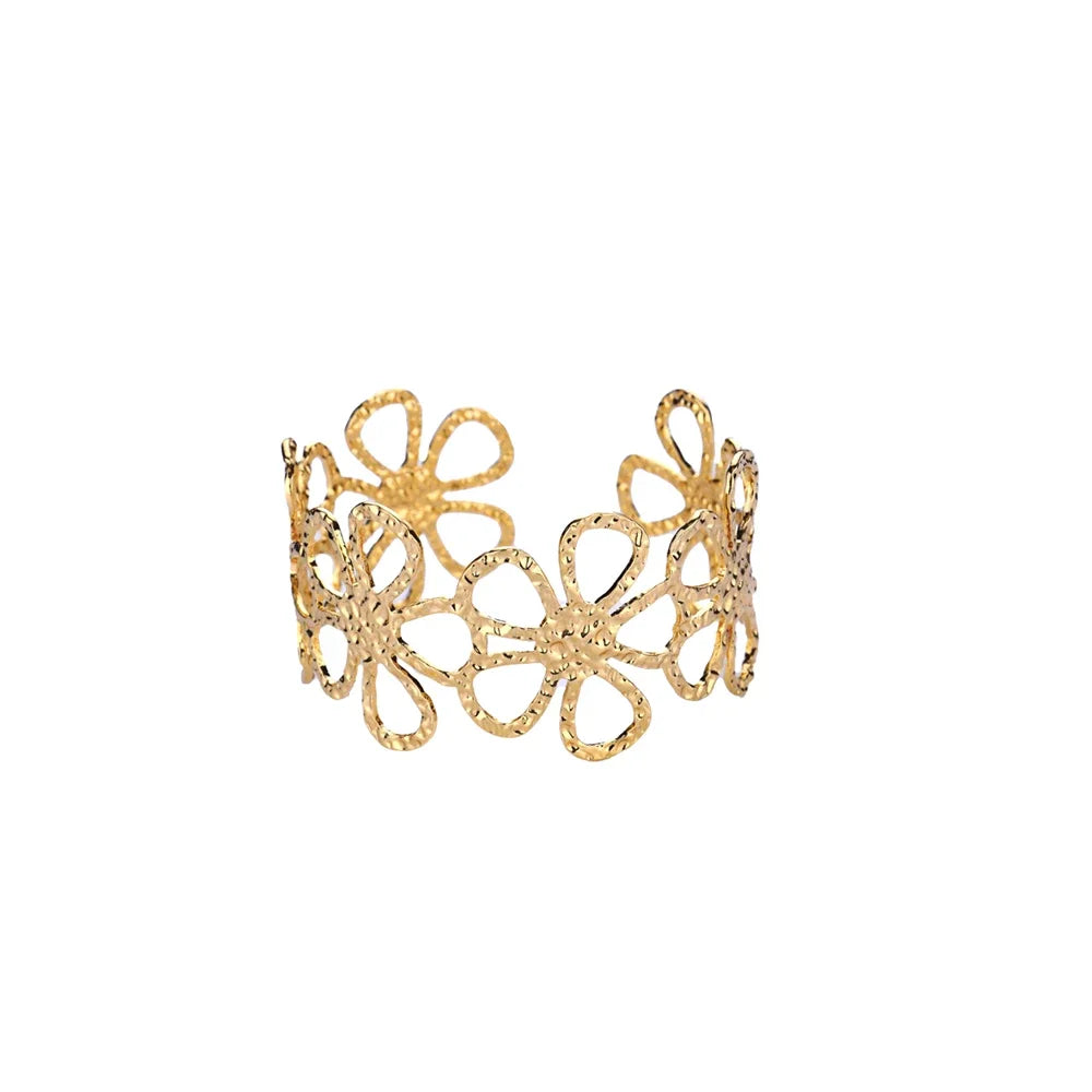 Summer Waterproof Cuff Bangles Bracelet For Women Cute Flower Double Layer Open Stainless Steel Gold Color Star Shell Jewelry