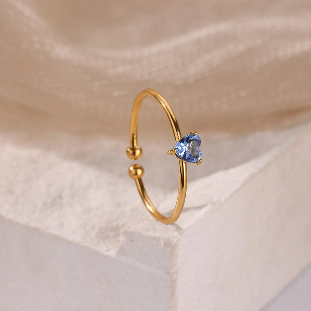 Stainless Steel Birthstone Open Rings for Women Fashion 12-color Crystal Zircon Heart Ring Birthday Aesthetic Jewelry Gift