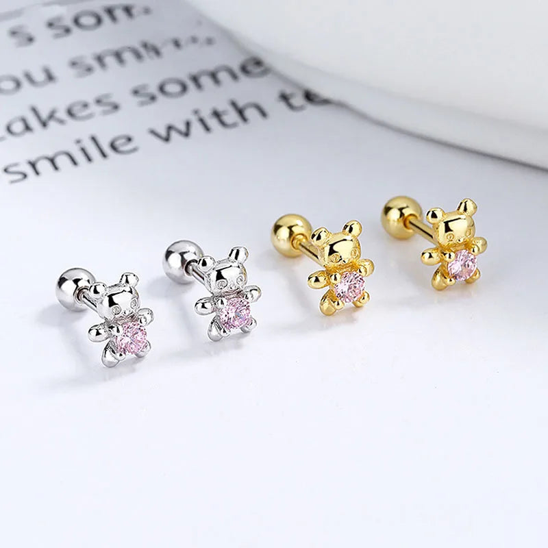 925 Sterling Silver Adorable Bear Ear Studs Screw-On Ear Plugs Stylish Ear Jewelry Exquisite Gift