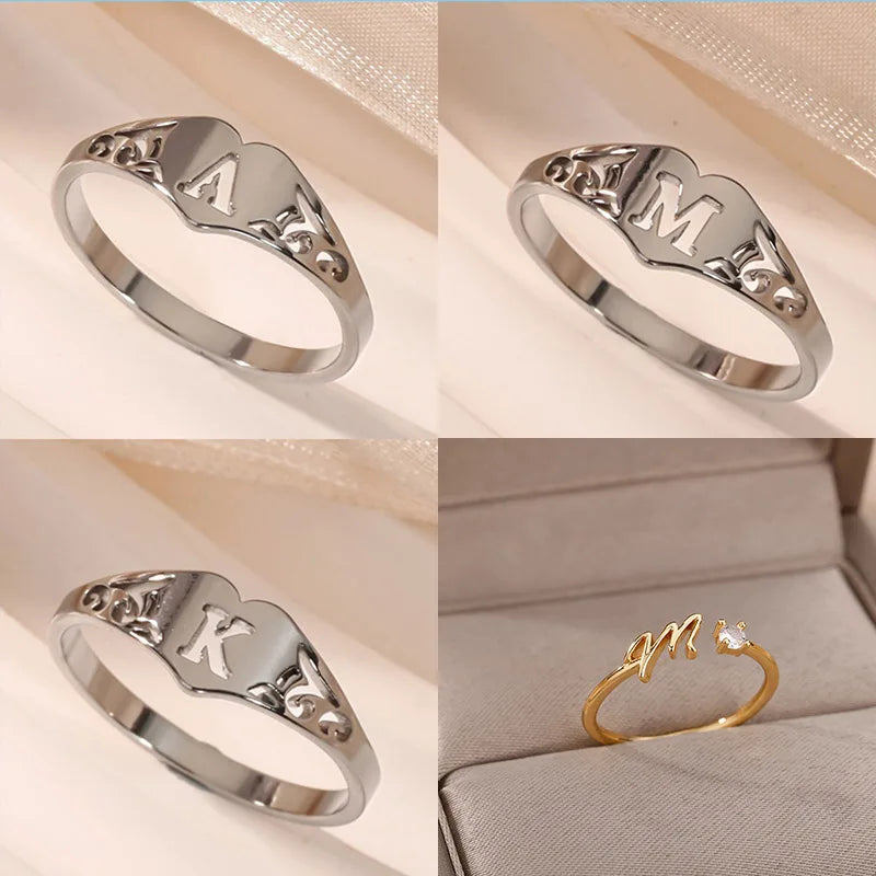 Stainless Steel A-Z Letter Heart Rings For Women Silver Color Hollow Initial Letter Ring Aesthetic Wedding Jewelry Gift