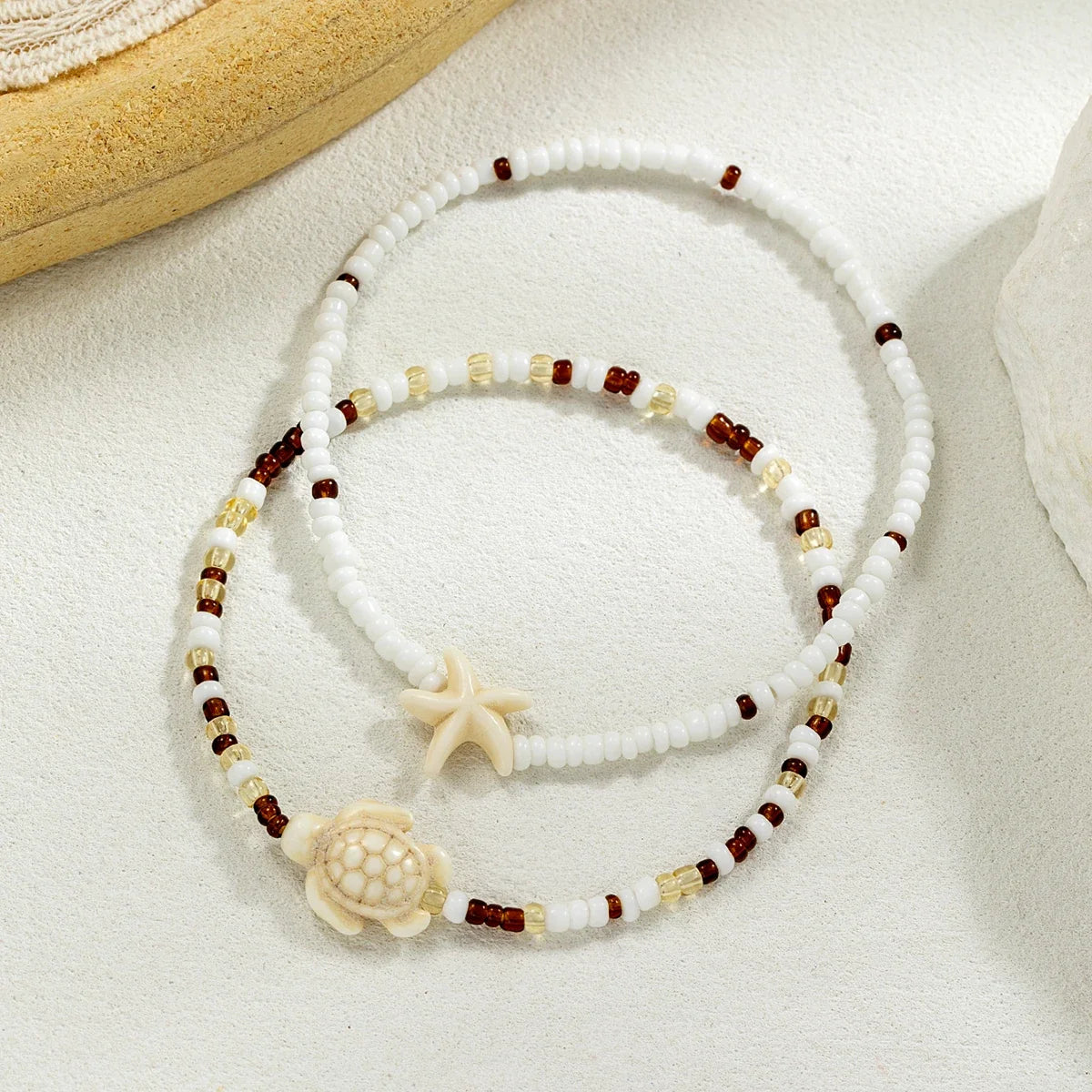 2 Bohemian style turquoise starfish turtle ankle chains, double-layer layered mixed color rice bead beach ankle chains