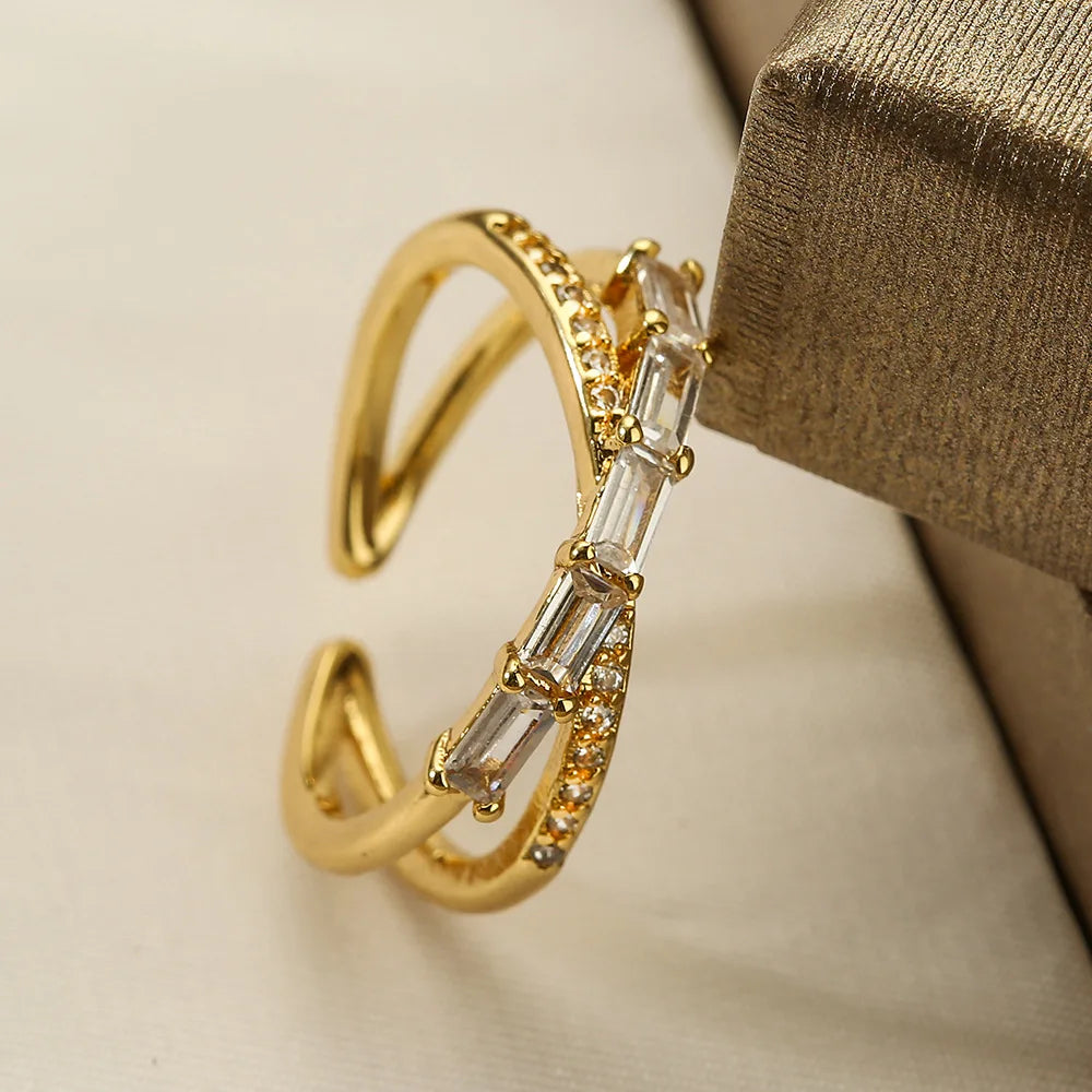 NEWBUY Trendy Gold Color Copper Geometric Jewelry Luxury AAA Cubic Zirconia Wedding Ring For Elegant Women Engagement Gift