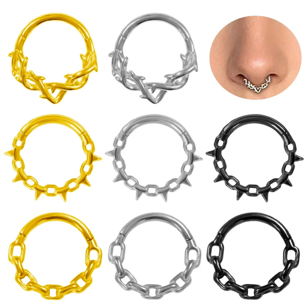 16G Vine Septum Nose Ring Piercing Hinged Clicker 316L Stainless Steel Daith Clicker Helix Cartilage Earring Chain BodyJewelry