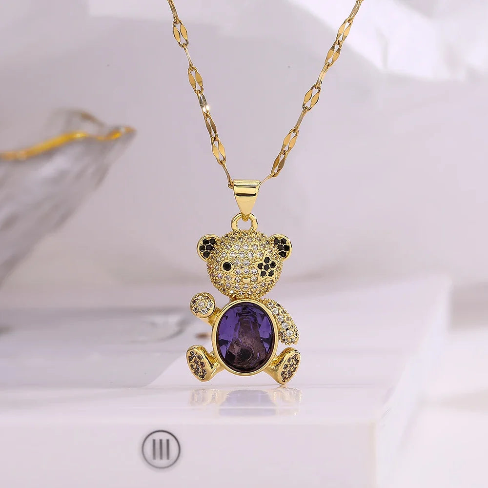 NEWBUY Hot Sale 2 Style Lovely Bear Pendant Necklaces For Women Shiny CZ Zircon Inlay Gold Color Copper Jewelry