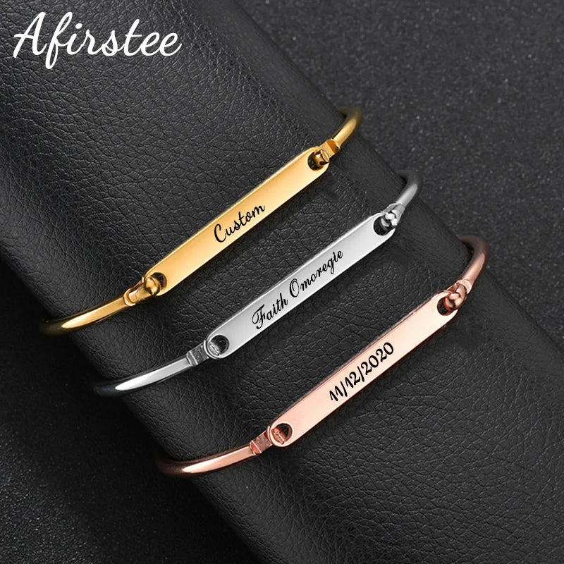 Afirstee Stainless Steel Engrave Name Bracelet For Women Custom Gold Color Date Letter Bracelets Jewelry Gift