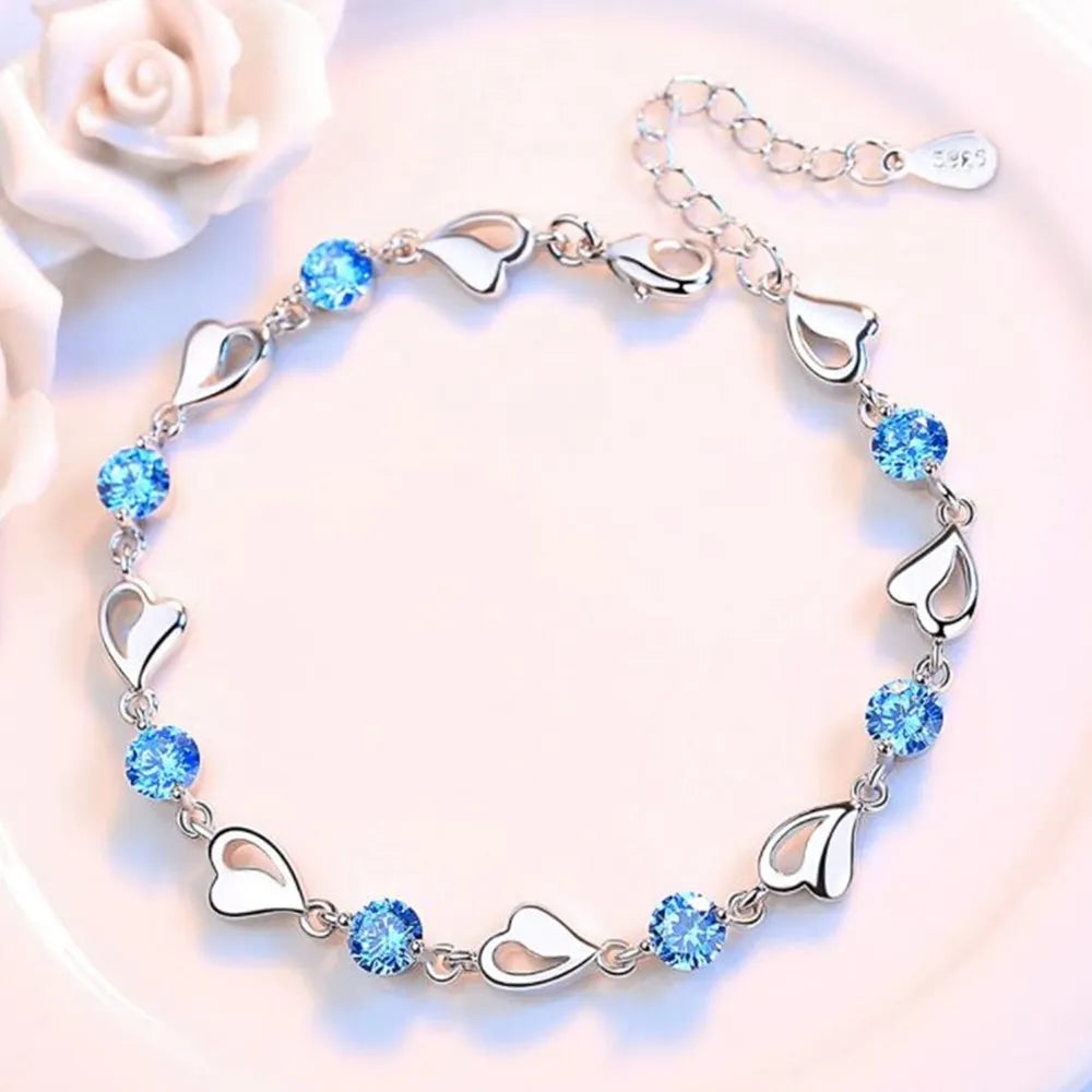 URBABY 925 Sterling Silver Bracelet Jewelry High Quality Retro Heart Wedding Shaped Cubic Zirconia Length 17CM+4CM