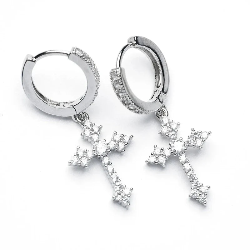 Creative Diamond Cross Earrings Stud Male Female Niche Design High-grade Trendy West Coast Hip Hop Hipster Style