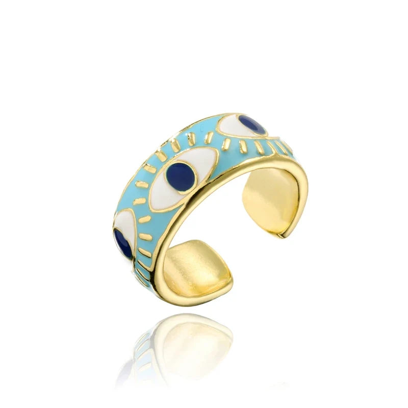 NEWBUY 2024 Fashion Gold Color Copper Wedding Jewelry AAA CZ Evil Eye Design Open Ring For Women Girl Engagement Gift