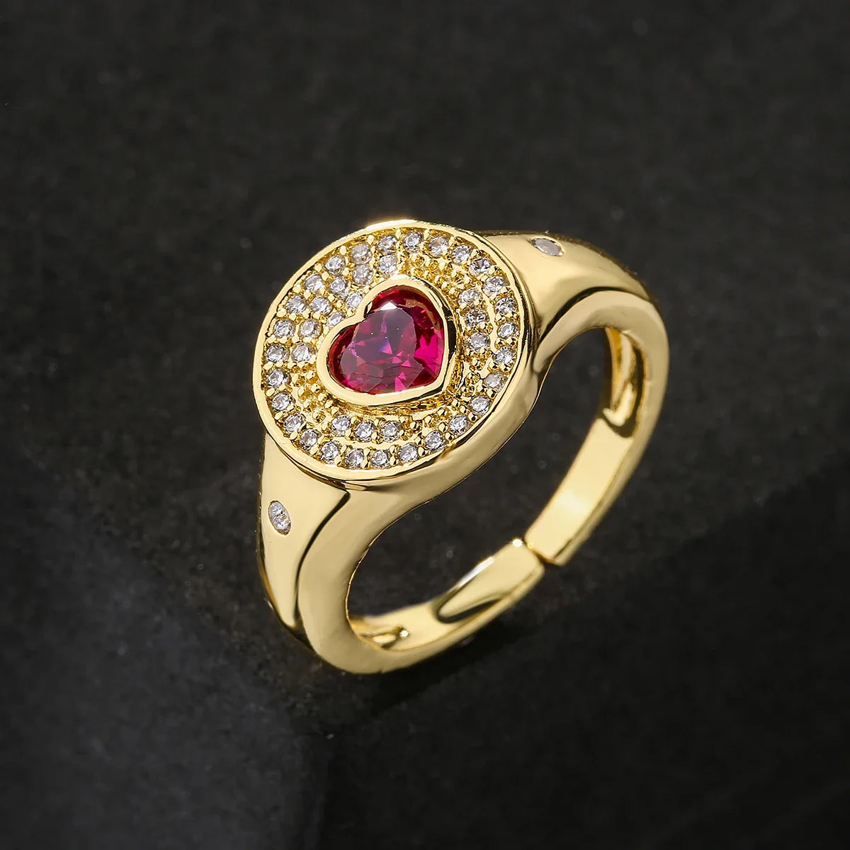 NEWBUY 2024 Hot Sale Red/Green CZ Zircon Heart Rings For Women Adjustable Gold Color Copper Wedding Jewelry Femme Bijoux