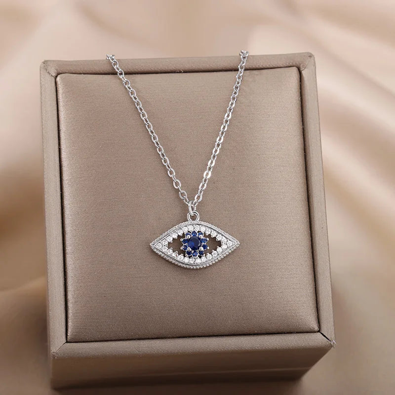 Zircon Evil Eye Pendant Necklace For Women Stainless Steel Turkish Eye Fatima Hand Chain Choker Collar Goth Jewelry onlyfans