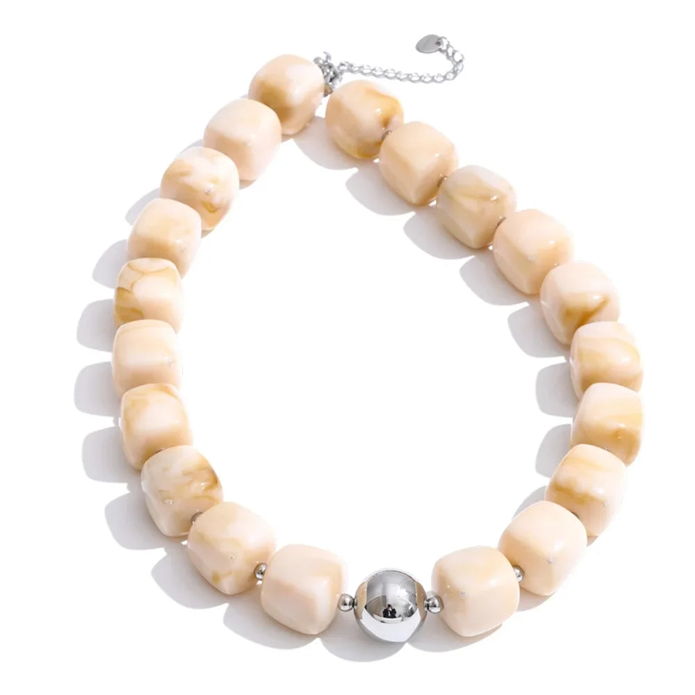 Yhpup Acrylic Square Beads Chain Necklace Bracelet Bangle Stainless Steel Handmade Jewelry Waterproof Green Khaki Pink Amber