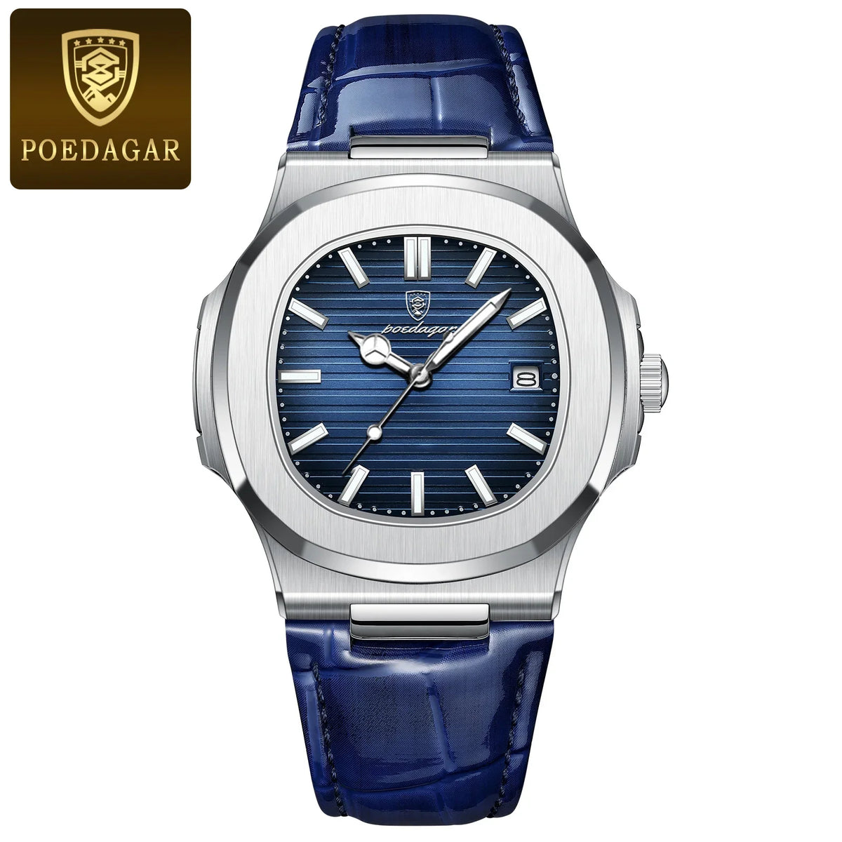 POEDAGAR Fashion Square Men's Watch Waterproof Luminous Date Business Man Wristwatch Casual Leather Quartz Watches For Men Reloj