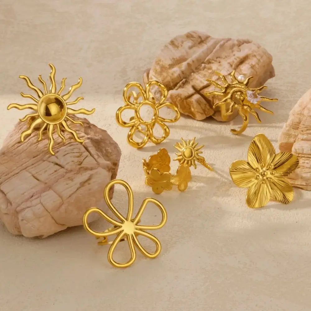 Stainless Steel Exaggerated Big Flower Rings For Women Gold Color Sunflower Finger Ring Female Fashion Aesthetic Jewelry Gift