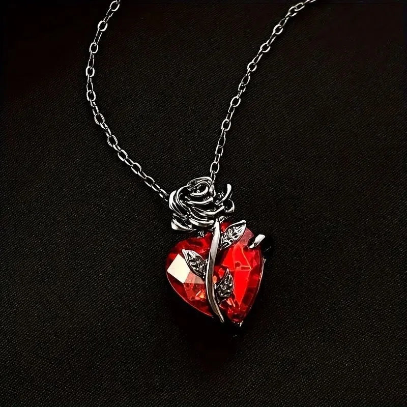 Luxurious Red Crystal Heart Necklace, Vintage Black Rose Floral Pendant, Elegant Fashion Jewelry Gift for Women