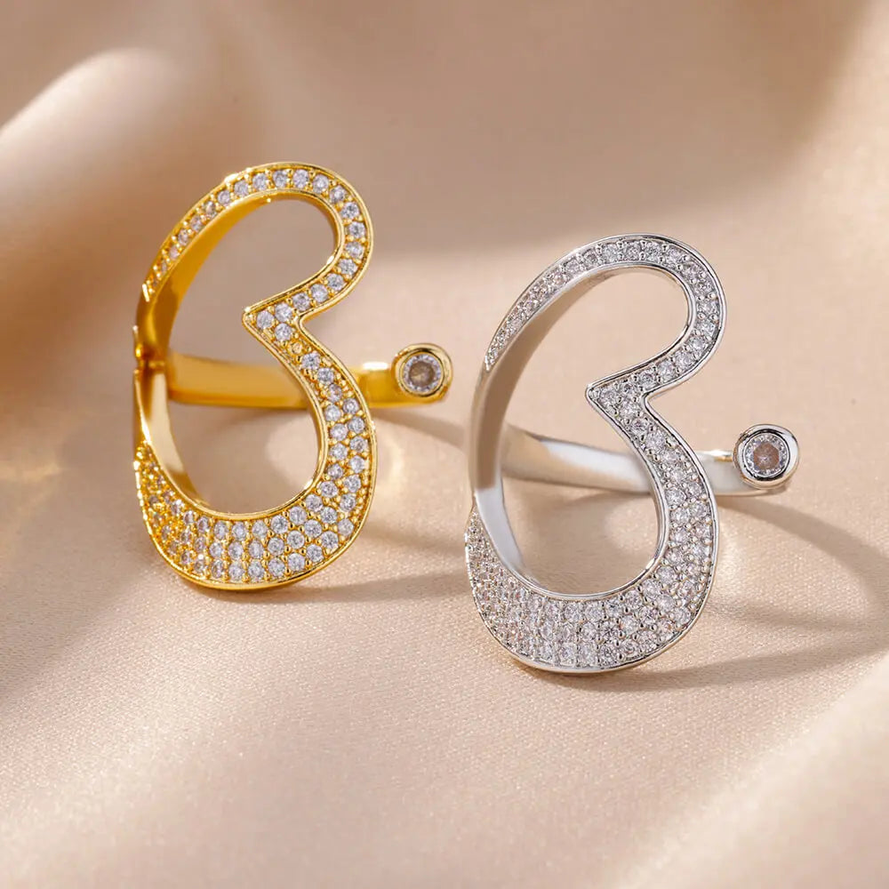 Stainless Steel Heart Rings For Women Gold Color CZ Crystal Zircon Open Finger Ring Wedding Aesthetic Jewerly Gift anillos
