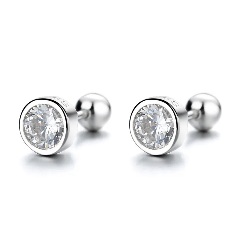 925 sterling silver zircon round bead threaded stud earrings, women's screw twist-off stud earrings, simple and fashion