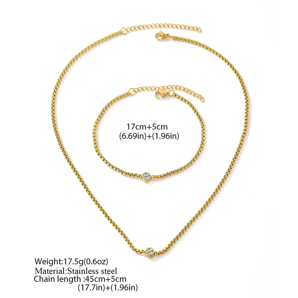 Boho Bead Chain Zircon Bracelet and Necklace Set, Waterproof Stainless Steel Women's Jewelry, Wife Girlfriend Gift