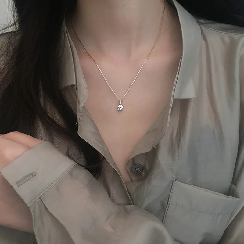 925 Sterling Silver Neck Choker Chain Round Zircon Pendants Necklaces Women Jewelry Exquisite Elegant Charms Accessories