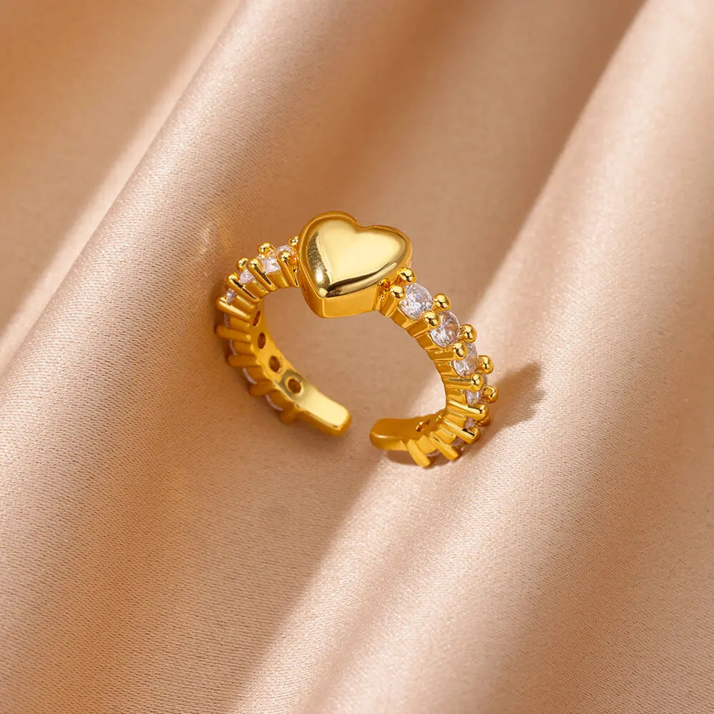 Zircon Tiny Heart Rings For Women Gold Color  Stainless Steel Opening Heart  Finger Femme Wedding Party Jewelry Gift 2024