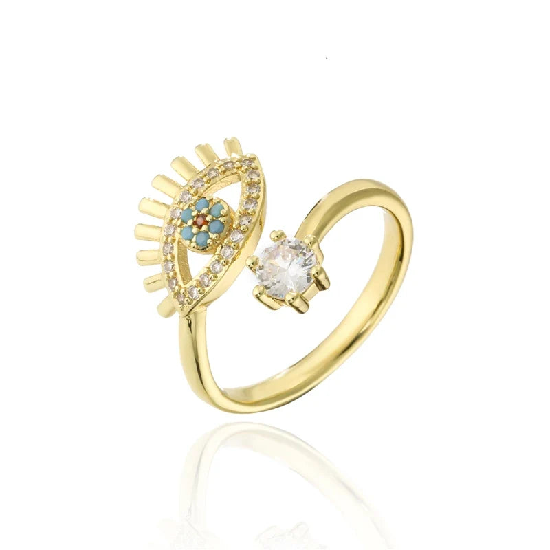NEWBUY 2024 Fashion Gold Color Copper Wedding Jewelry AAA CZ Evil Eye Design Open Ring For Women Girl Engagement Gift