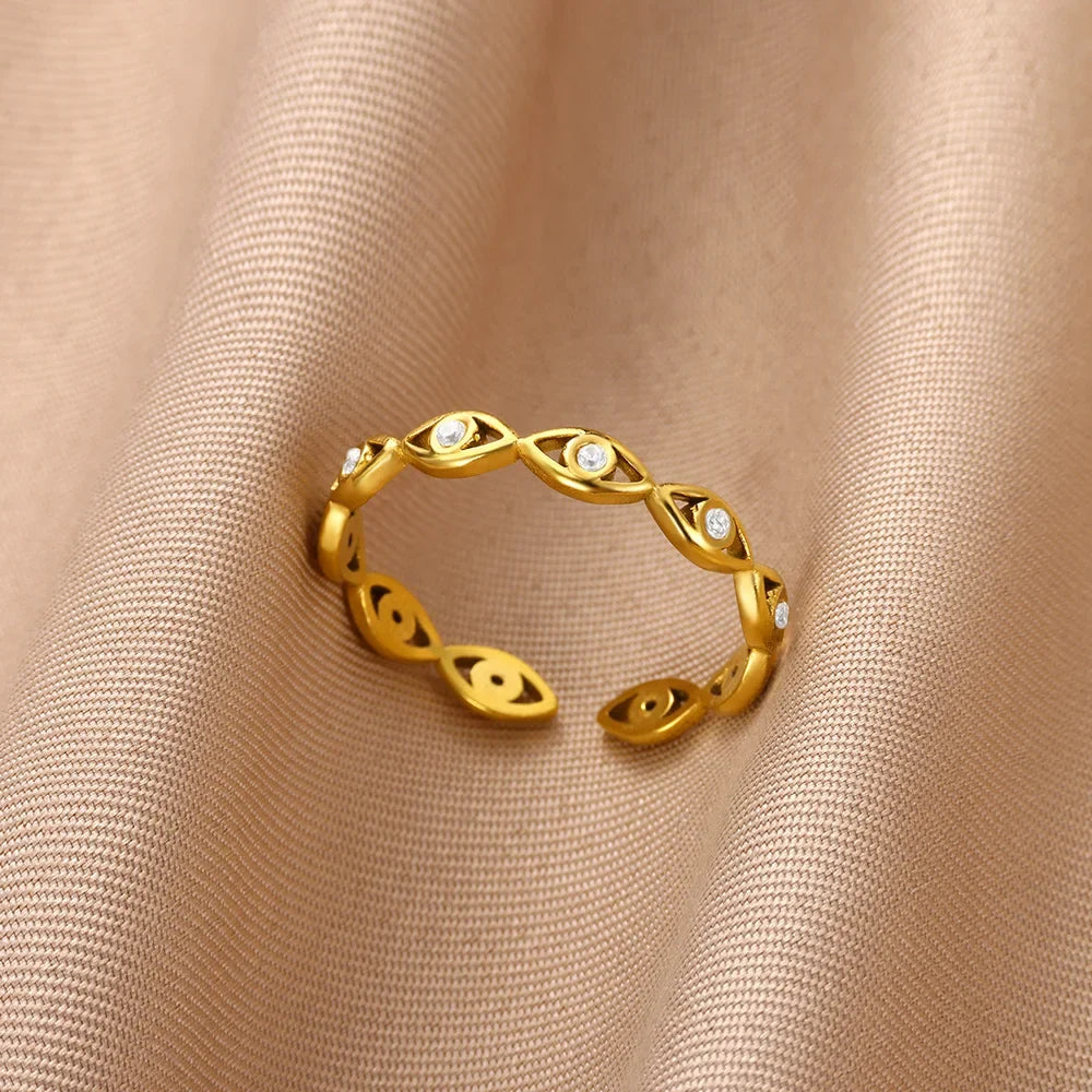 Green Zircon Evil Eye Rings For Women Stainless Steel Gold Color Geometric Open Ring New Wedding Waterproof Fashion Jewelry Gift