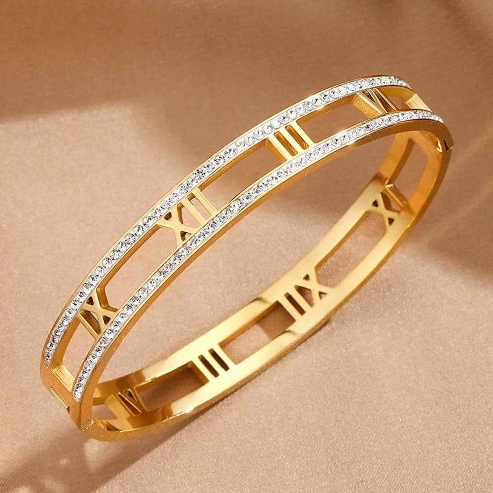 Luxury Crystal Hollow Roman Numeral Bracelets For Women Men Stainless Steel Unisex Bangle Fashion Classic Jewelry Accessories