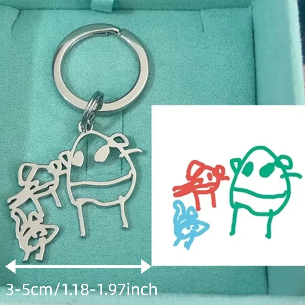 Custom Stainless Steel Children Drawing Pendant Keychain Kids Artwork Personalized Photo Logo Keyring Key Chains Jewelry Gifts