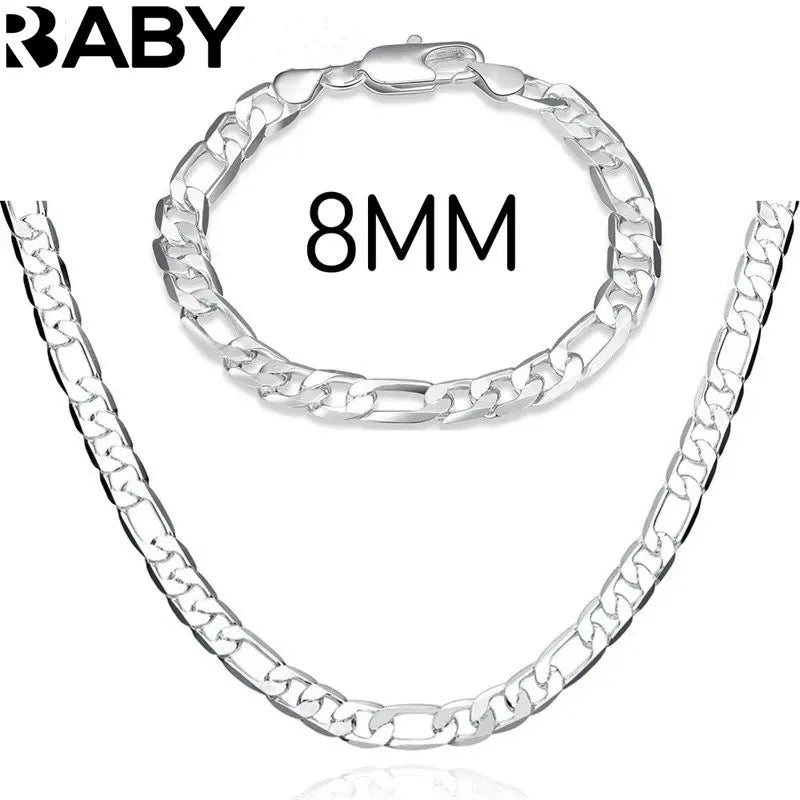 925 Sterling Silver Bracelet Necklace Jewelry Set Men And Women Classic 8MM Chain Fashion Charm Wedding Holiday Gift