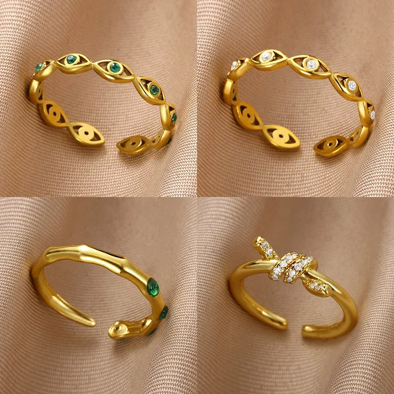 Green Zircon Evil Eye Rings For Women Stainless Steel Gold Color Geometric Open Ring New Wedding Waterproof Fashion Jewelry Gift
