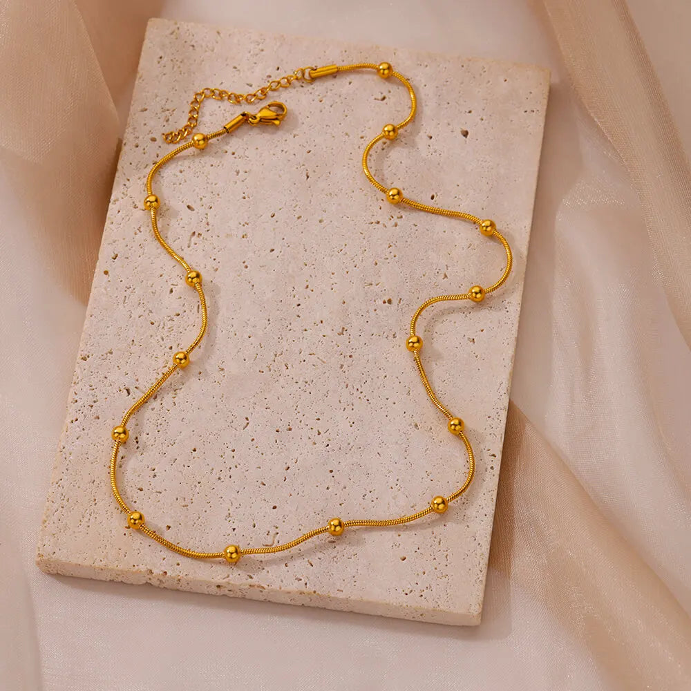 Stainless Steel Beaded Round Snake Chain Necklaces For Women Gold Color Geometric Necklace Luxury Wedding Party Jewelry Gift BFF