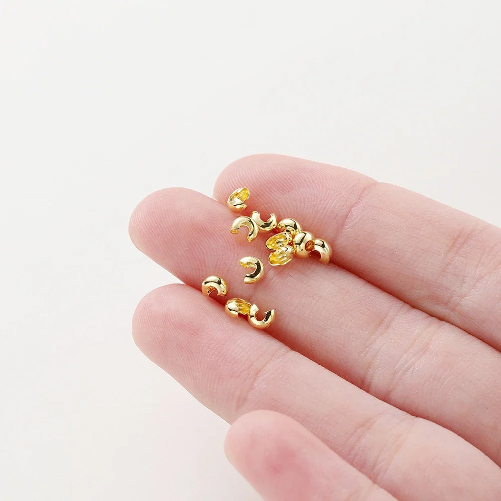 3mm/4mm/5mm 14k 18K Gold Plated Open Crimp Beads Covers Crimp End Beads Stopper Spacer Beads For DIY Jewelry Making Supplies