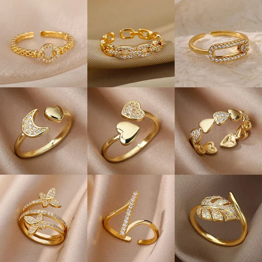 Zircon Heart Rings For Women Stainless Steel Gold Color Geometric Open Finger Ring Fashion Wedding Aesthetic Jewelry Gift