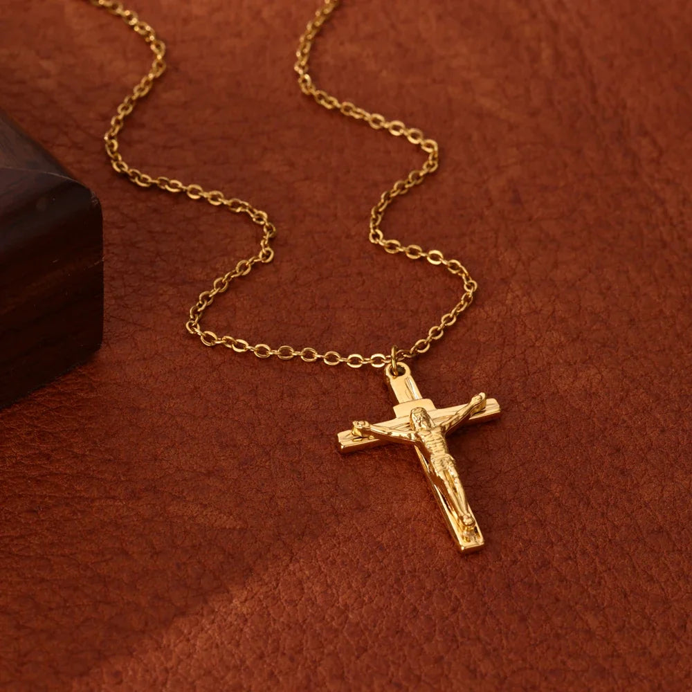Stainless Steel Jesus Cross Necklace For Women Men Gold Color Caravaca Angels Crucifix Charm Choker Rapper Jewelry Hip Hop Gift