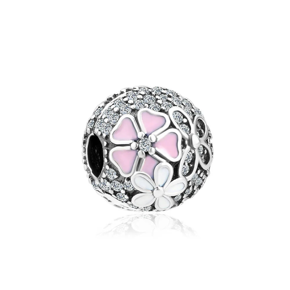 European New 925 Sterling Silver Spring New Pink Flower Ballon Cat Diy Beads Charm Fit European S925 Bracelet Bangles