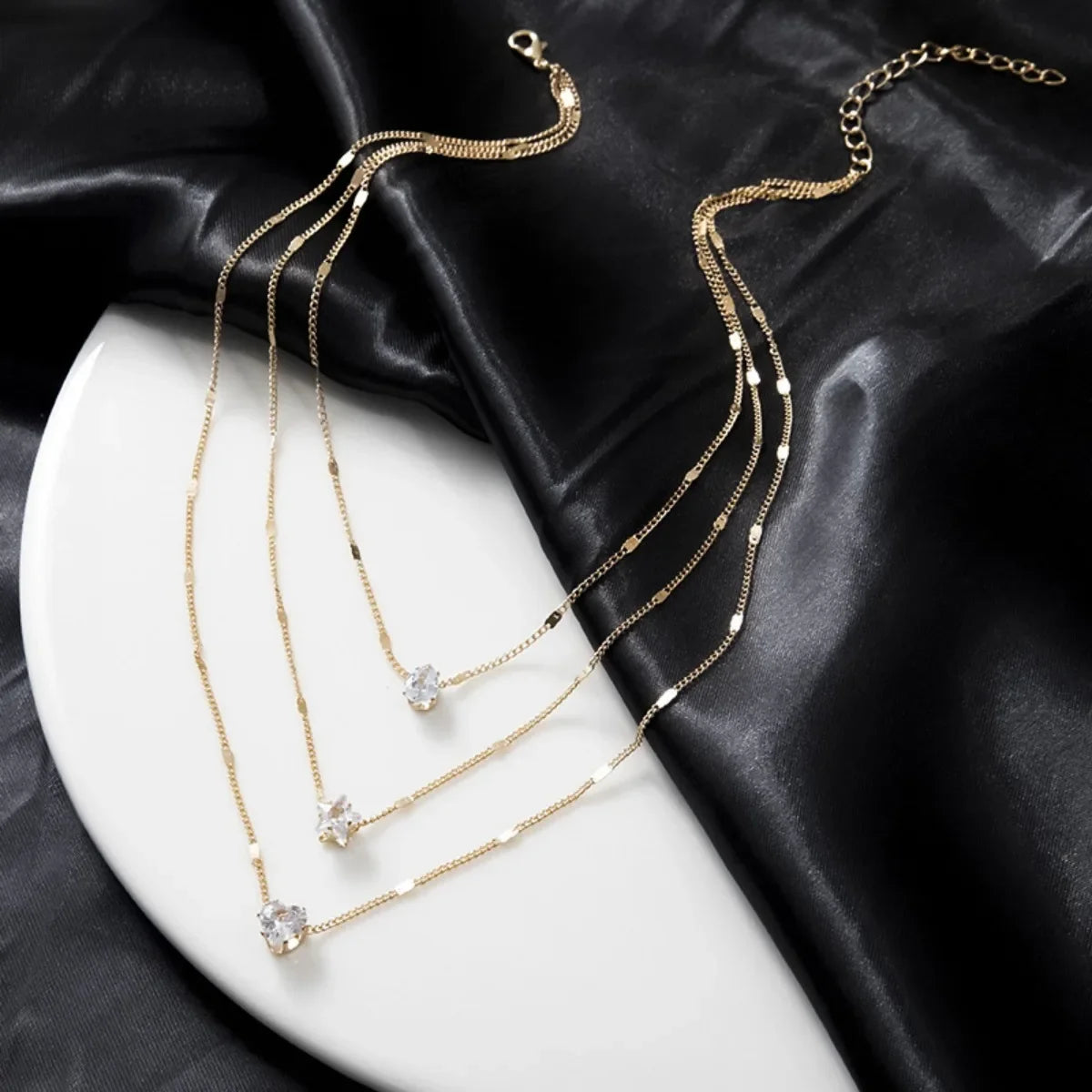 Multi-layer Five-pointed Star Heart Shape Water Drop Pendant Chain Necklace Alloy Material Glass Collarbone Chain Sexy Women New