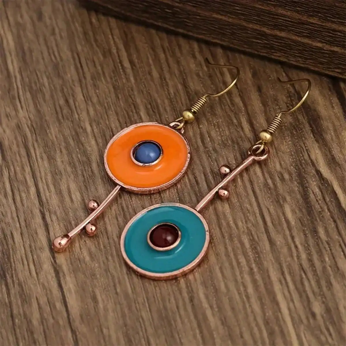 Bronze Metal Painting Pendant Earrings for Women's Ethnic Orange Blue Stone Personalized Earrings Jewelry Accessories