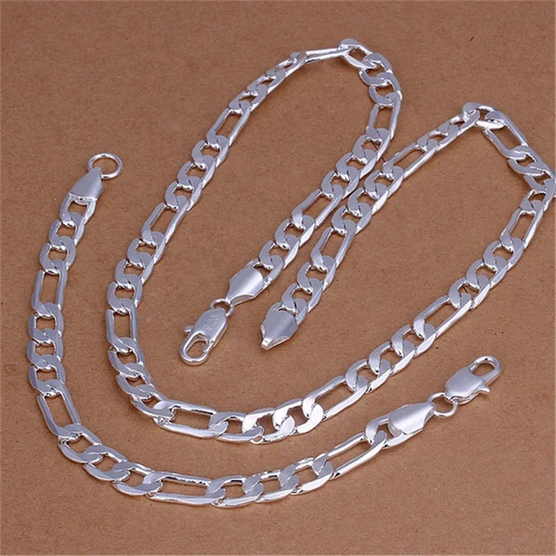 925 Sterling Silver Bracelet Necklace Jewelry Set Men And Women Classic 8MM Chain Fashion Charm Wedding Holiday Gift