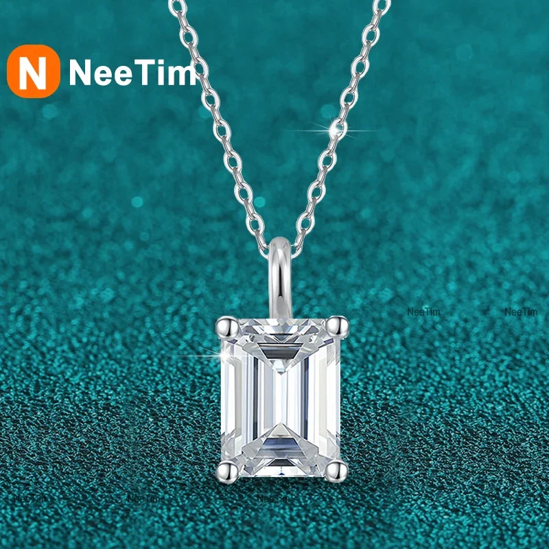 NeeTim 1ct 2ct  3ct 4ct Emerald Cut Moissanite Pendant Necklace for Women S925 Silver with White Gold Plated Necklaces Chain