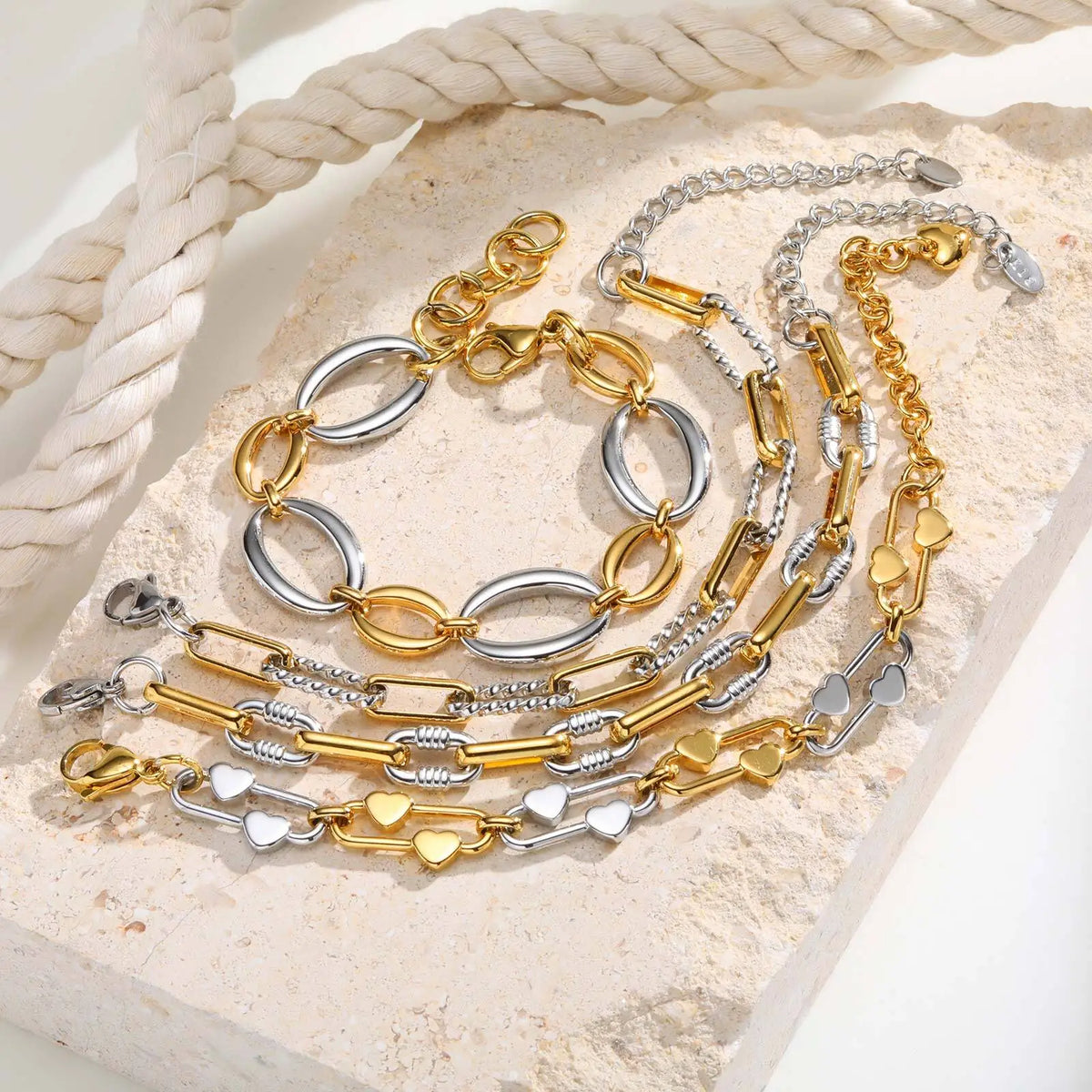 Two Tone Chain Bracelet for Women, Chunky Mixed Metal Link, Stainless Steel Waterproof Jewelry, Stylish Adjustable Wristband