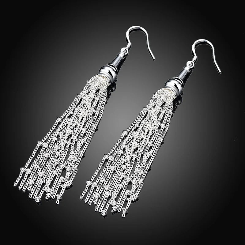 Aravant 925 Silver Multi Chain Long Tassel Drop Earrings For Women Wedding Jewelry