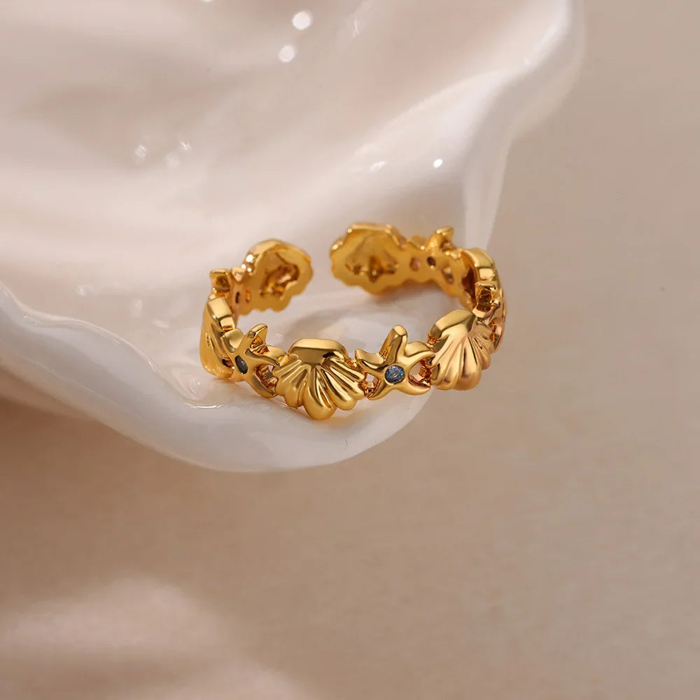 Green Zircon Seahorse Rings For Women Ocean Shell Starfish Turtle Stainless Steel Gold Color Finger Ring Summer Beach Jewelry