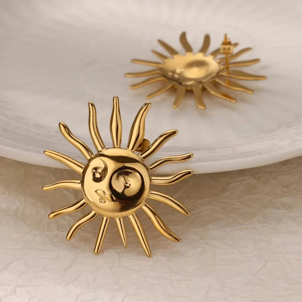 Punk Sun Face Stud Stainless Steel Earrings For Women Gold Color Star Piercing Ear Accessories Femme Gothic Jewelry Party Gift