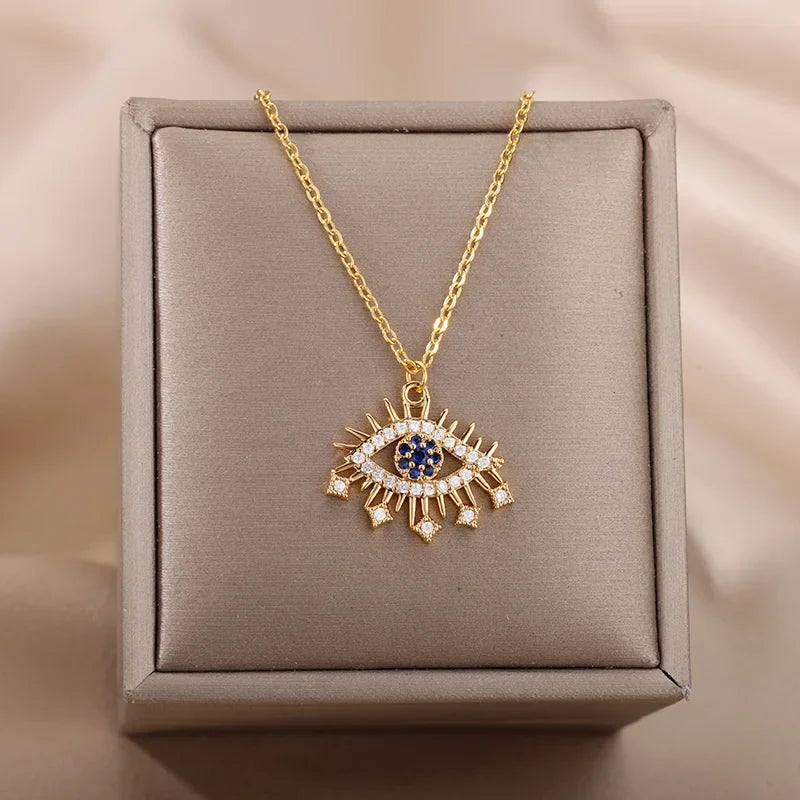 Zircon Evil Eye Pendant Necklace For Women Stainless Steel Turkish Eye Fatima Hand Chain Choker Collar Goth Jewelry onlyfans
