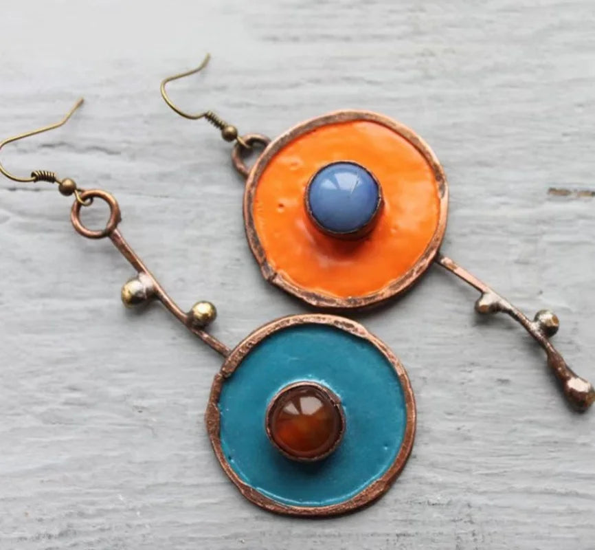 Bronze Metal Painting Pendant Earrings for Women's Ethnic Orange Blue Stone Personalized Earrings Jewelry Accessories