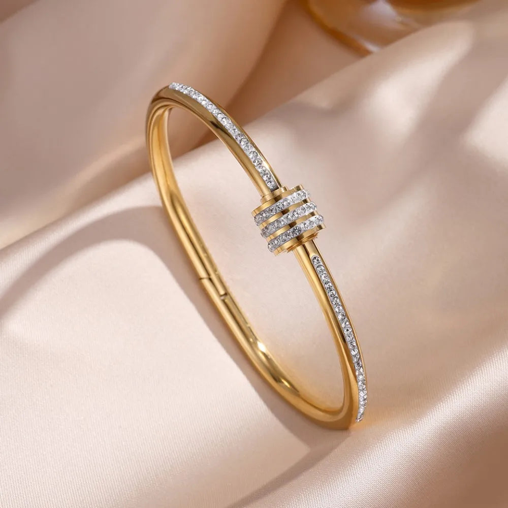 Yupsk Titanium Steel Couple's Bracelet Shiny Zircon Inlaid Stainless Steel Bangles Gold/Silver Color Female Jewelry Gift
