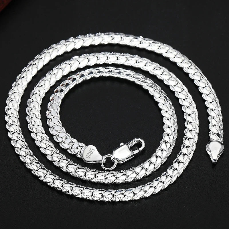 URBABY 925 Sterling Silver 2 Piece 6MM Full Sideways Chain Necklace Bracelet For Women Men Fashion Jewelry Sets Wedding Gift