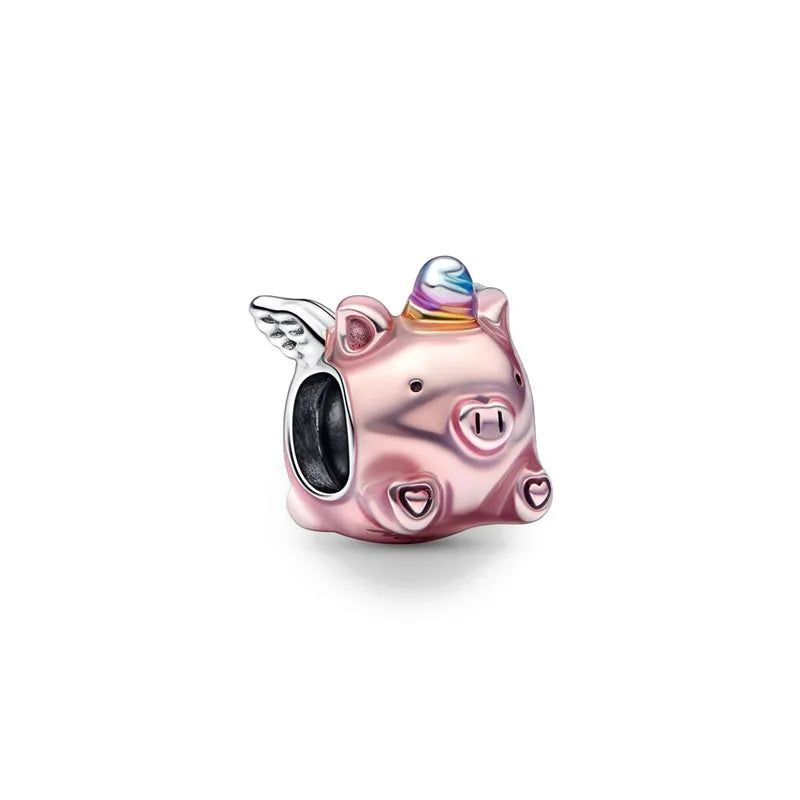 European New 925 Sterling Silver Spring New Pink Flower Ballon Cat Diy Beads Charm Fit European S925 Bracelet Bangles