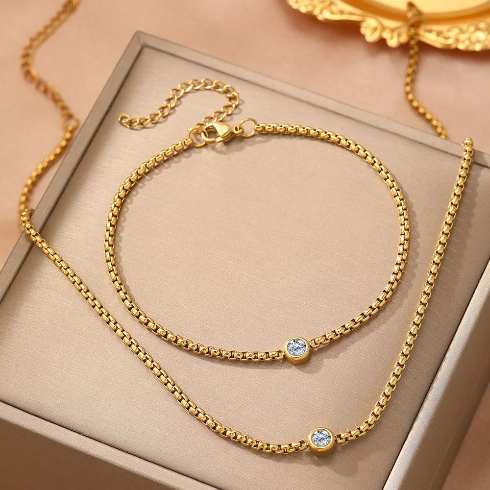 Boho Bead Chain Zircon Bracelet and Necklace Set, Waterproof Stainless Steel Women's Jewelry, Wife Girlfriend Gift