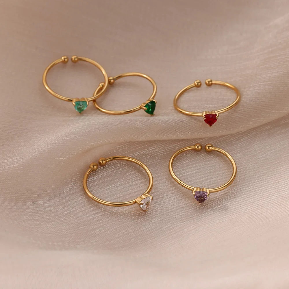 Stainless Steel Birthstone Open Rings for Women Fashion 12-color Crystal Zircon Heart Ring Birthday Aesthetic Jewelry Gift