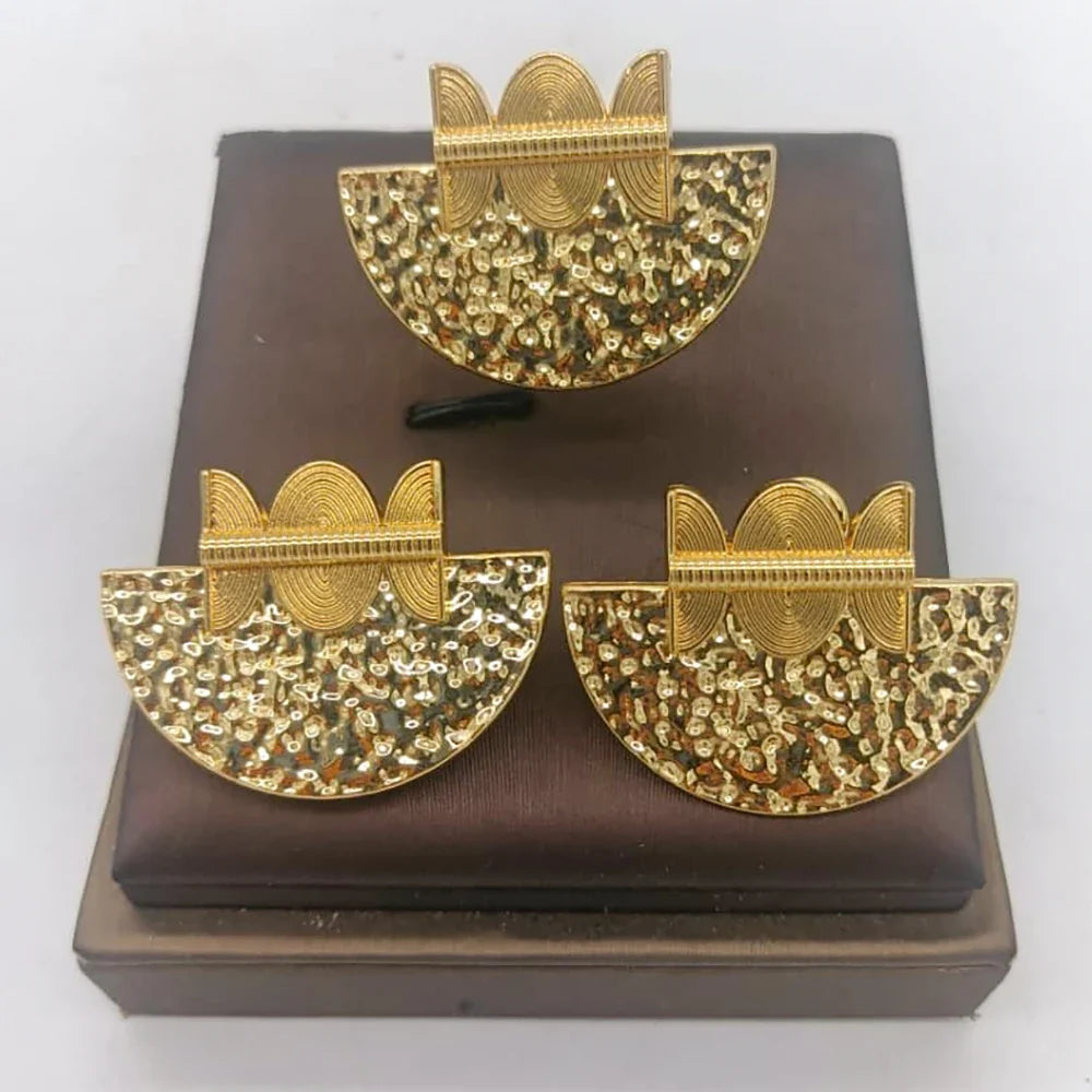 African Gold Color Jewelry Set for Women Statement Design Clip Earrings and Finger Ring 2Pcs Set for Weddings Bride Jewellery